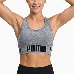 Puma Seamless Racerback Sports Bra Grey Black Big Cat Logo Wide Band Stretch